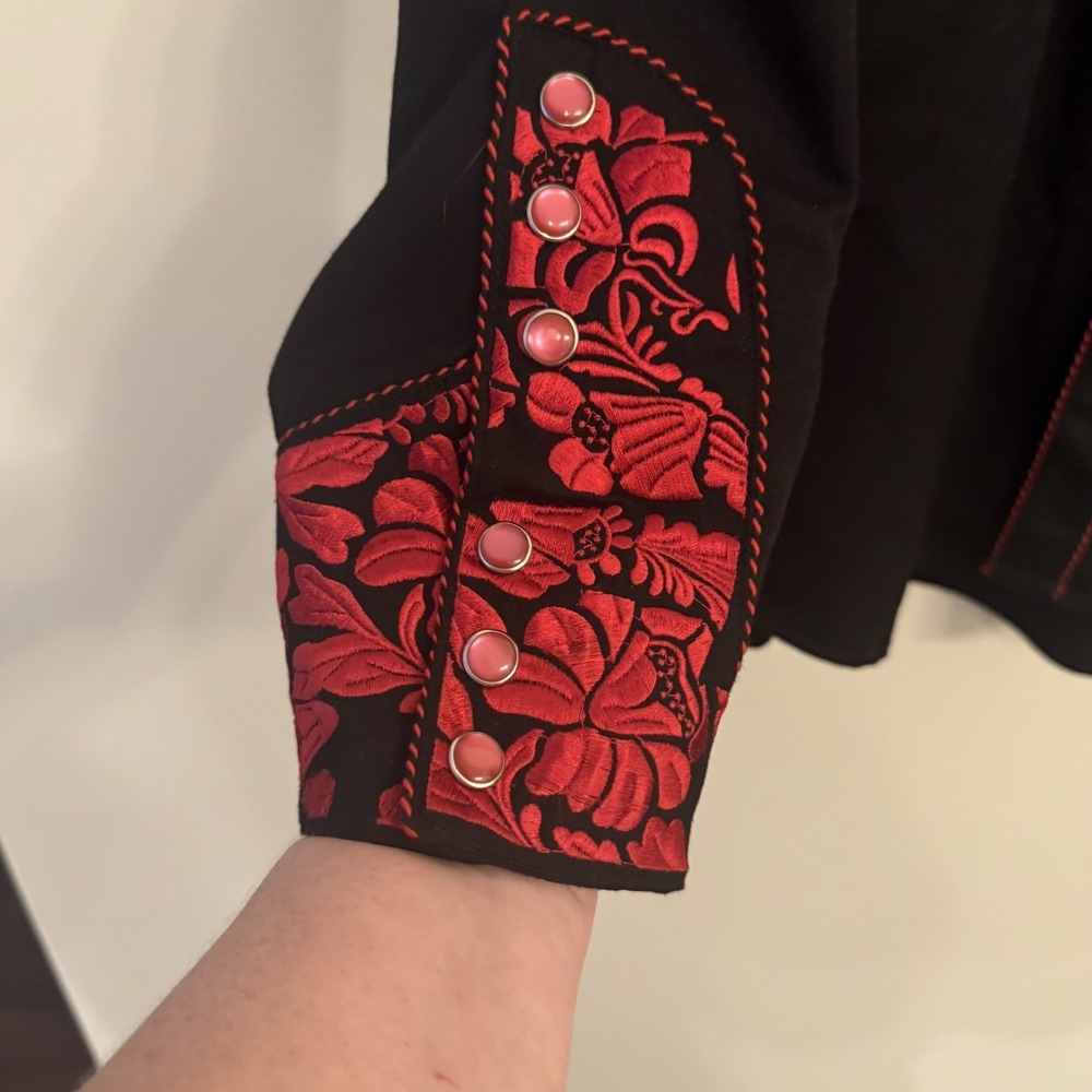 Scully Gunfighter Western Snap Front Shirt Men's L Black/ Red Floral Embroidery - Picture 4 of 12